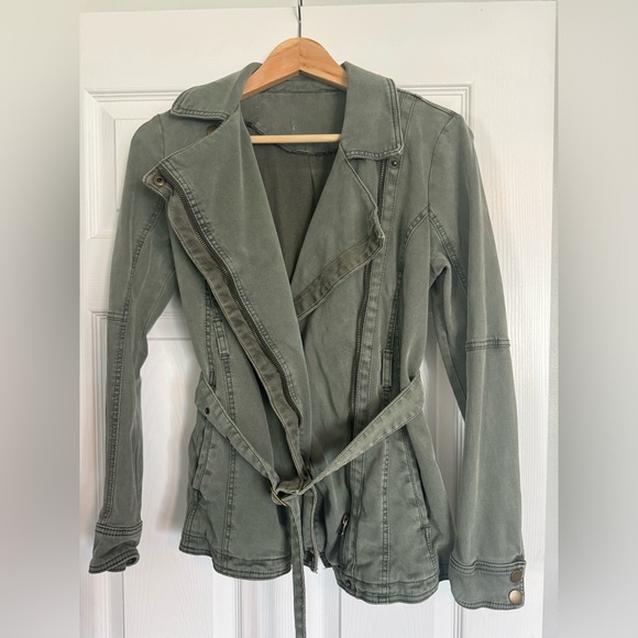Anthropologie Everyday Jacket Belted Tie Waist Zip Utility Moto Green - Picture 2 of 3